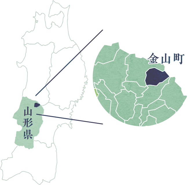 山形県の北東部にある金山町の位置を指示した図。